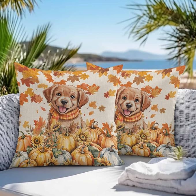 Orange Cute Dog Outdoor Waterproof Pillow Covers, Fall Pumpkins Maple Leaves Retro Pastoral Decorative Square Throw Pillowcase Sofa Cushion Sham for Patio/Couch/Chair, 16"x16" 2 Pack
