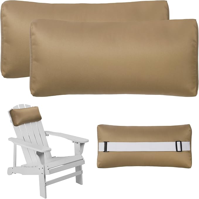 Headrest Pillow for Patio Chaise Lounge Chair, Outdoor Chaise Pillows with Adjustable Elastic Stripe Head Resting Pillows for Recliner Office Chair, Tan 2 Pack