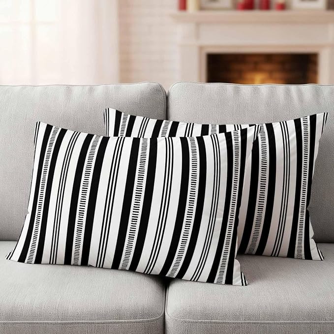 Black Striped Outdoor Waterproof Pillow Covers, Farmhouse Stripes Modern Geometric Decorative Rectangle Throw Pillowcase Sofa Cushion Sham for Patio/Couch/Chair, 20"x12" 2 Pack