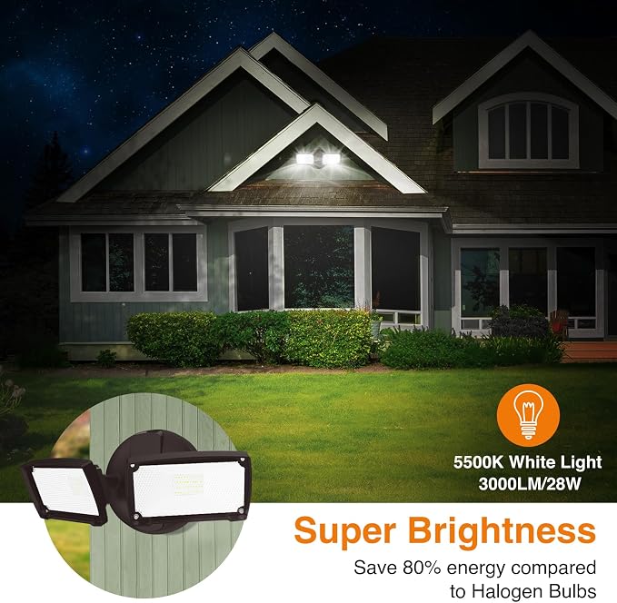 LEPOWER 28W Flood Lights Outdoor - 3000LM Brightness LED Security Lights | Switch Controlled Wall Mount Exterior Flood Light with 2 Heads, 5500K, IP65 Waterproof for Garage, Yard, Porch, Garden, Brown