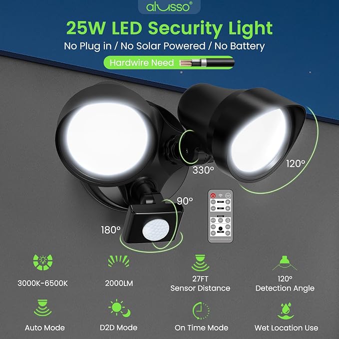 ALUSSO LED Security Lights Motion Sensor, 25W 2000LM Flood Lights Outdoor Motion Sensor with Remote 120V, Dimmable Brightness 3000K-6500K CCT IP65 Security Light ETL Listed for House Garage 1 Pack