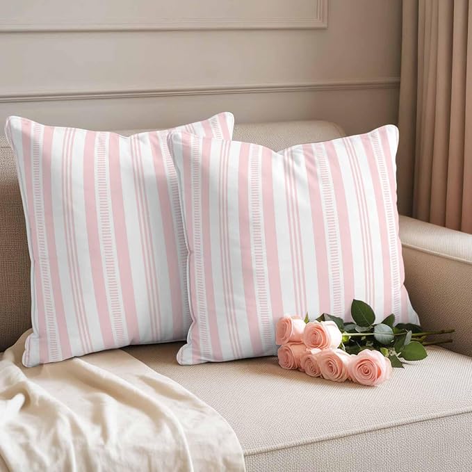 Pink Striped Outdoor Waterproof Pillow Covers, Farmhouse Stripes Modern Geometric Decorative Square Throw Pillowcase Sofa Cushion Sham for Patio/Couch/Chair, 20"x20" 2 Pack