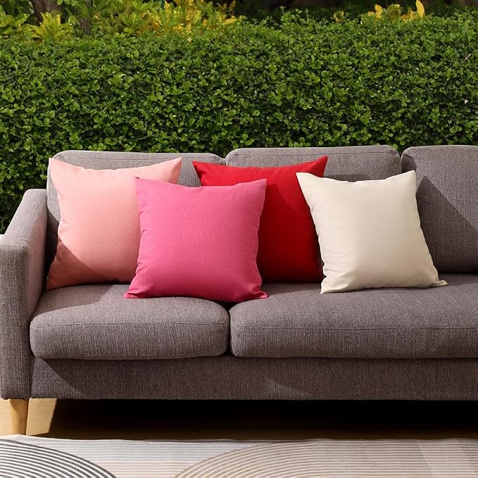 WEMEON Outdoor Waterproof Pillow Covers18x18in Set of 4, Solid Color Pillows Decorative Square Patio Furniture Pillows for Couch Patio Balcony Tent Garden(Red/Pink/Beige)