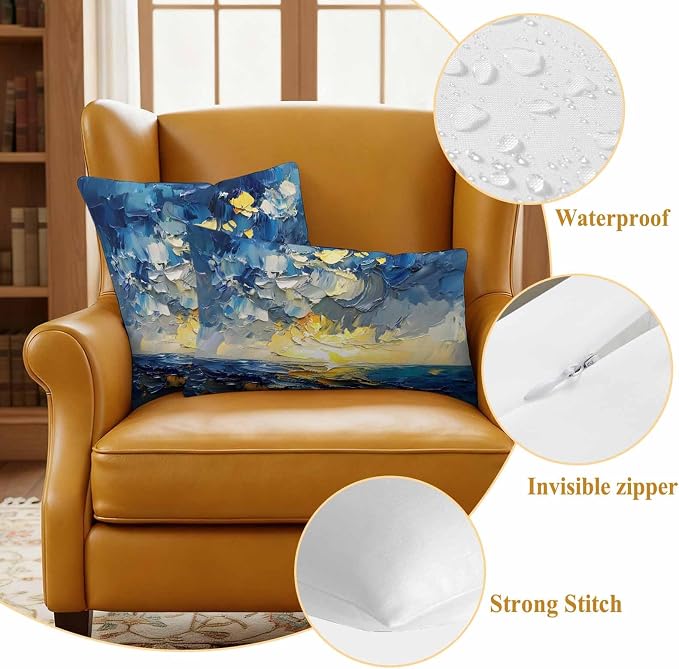 Modern Abstract Waterproof Outdoor Pillow Covers Set of 2 Home Decor, Blue Yellow Abstract Ombre Oil Painting Pillowcase Patio Pillow Covers for Couch Bench Furniture Garden 20x20in