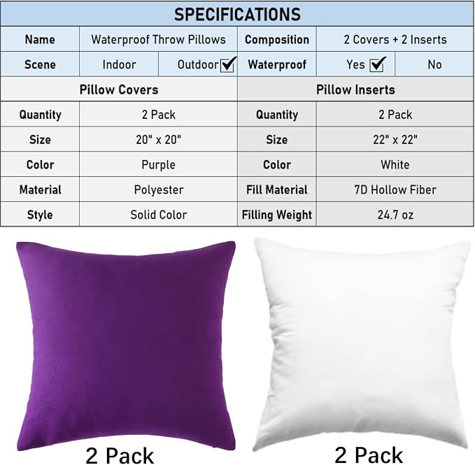 Outdoor Throw Pillows with Inserts, Waterproof Pillows for Outdoor Seating, Square Decorative Garden Cushion for Patio Furniture, Bed, Couch, Sofa(Purple, 20" x 20" (Pack of 2))