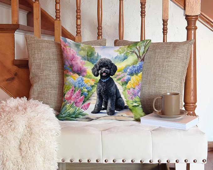 Caroline's Treasures Black Poodle Spring Path Throw Pillow Machine Washable, Indoor Outdoor Decorative Pillow for Couch, Bed or Patio, 14Hx14W