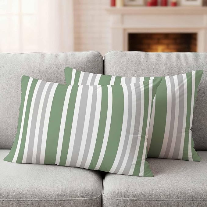 Sage Green Grey Stripe Outdoor Pillow Covers 20x12 Inch Lumbar Pillow Covers Set of 2 Waterproof Decorative Throw Pillow Cases Farmhouse Minimalist Striped Cushion Covers for Patio Furniture Garden