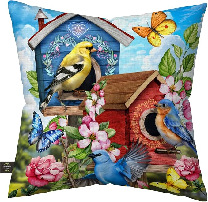 Briarwood Lane Spring Indoor/Outdoor Pillow 17x17 Floral Birdhouses for Spring Pillow