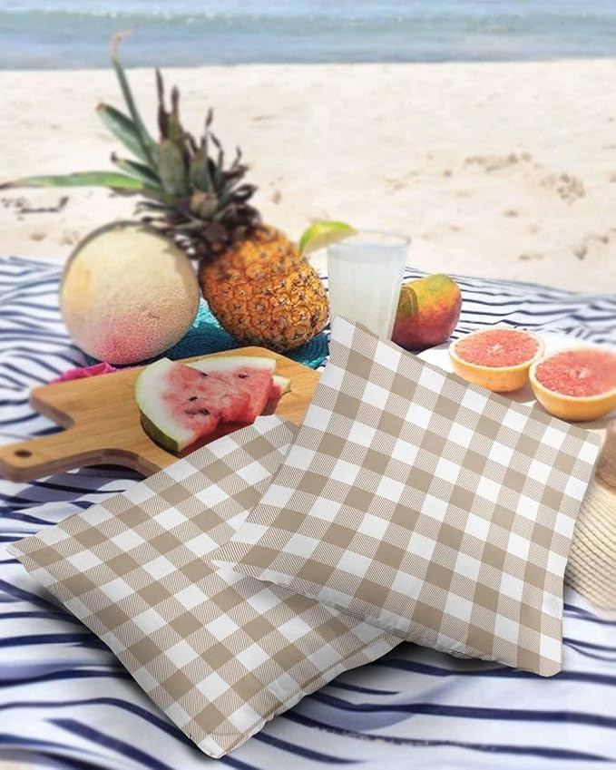 Outdoor Waterproof Throw Pillow Covers Set of 2 Khaki Buffalo Check Plaid Pillowcases 24x24 Inches Farmhouse Style Patio Decorative Pillows Cushion Case Patio Pillows for Couch Bed Chair Garden