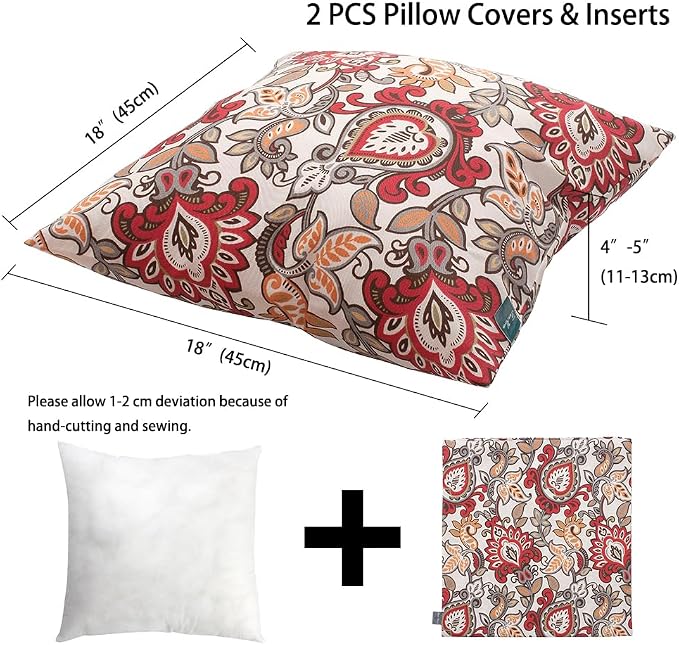 Magpie Fabrcis Pack of 2 Outdoor Waterproof Throw Pillow with Insert 18 x 18 Inch, Christmas Decorative Back Cushion Pad for Garden Patio Tent Balcony Couch Sofa(Floral Red Orange)