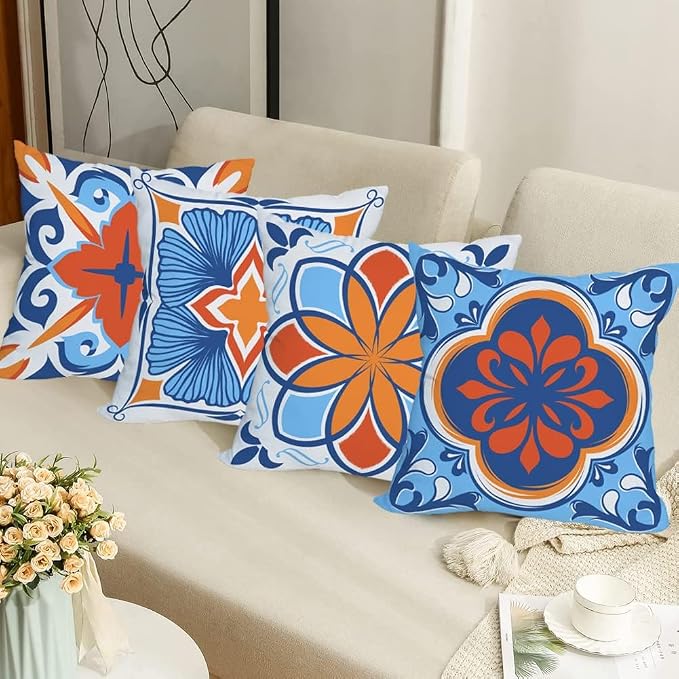 Outdoor Waterproof Throw Pillow Covers 16x16 inch Floral and Boho Style Decorative Pillow Covers Modern Geometric Pillowcase for Patio Funiture Garden Set of 4, Blue and Orange