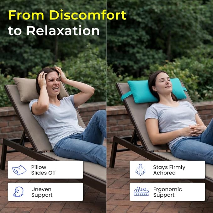 Sunbrella Headrest/Lumbar Pillow with Velcro Strap, Aruba (Turquoise) | Outdoor Pillow for Chaise Loungers, Pool Chairs & Patio Furniture, 18" x 8" x 3"
