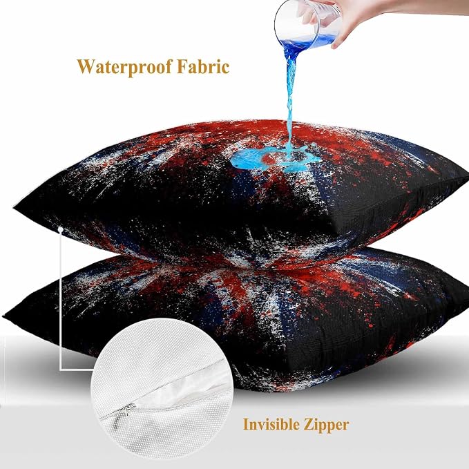 4th of July Outdoor Throw Pillows Covers 20x20 inch Set of 2 Waterproof British Flag Decorative Zippered Cushion Covers for Patio Furniture, Retro National Flag Independence Day Lumbar Pillowcases