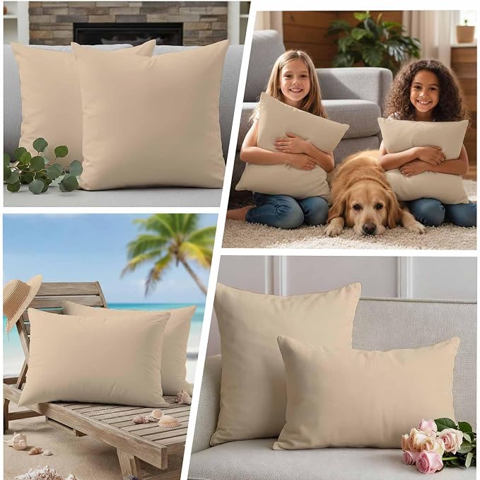 Outdoor Pillow Covers 24 x 24 Inches, Khaki Solid Color Waterproof Throw Pillow Cover Set of 2, Aesthetics Contemporary Luxury Decorative Square Cushion Covers for Patio/Couch/Garden