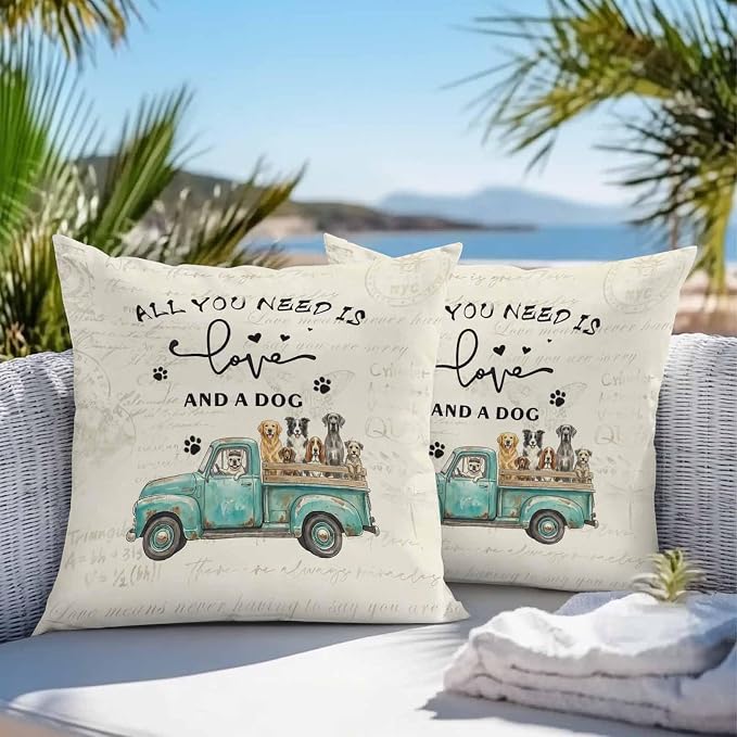 Cartoon Animal Outdoor Pillow Covers Set of 2, Vintage Teal Truck with Pet Dog Puppy Decorative Waterproof Throw Pillowcase Retro Beige Cotton Linen Soft Cozy Cushion Cover Pillowsham 20x20In