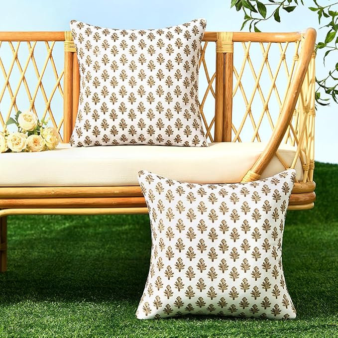 Outdoor Pillow Covers 20x20 Set of 2 Boho Brown Floral Accent Print Decorative Throw Pillow Cases for Outdoor Waterproof Patio Furniture Garden Porch Sofa Bed Cushion Covers Home Decor JB005-D20