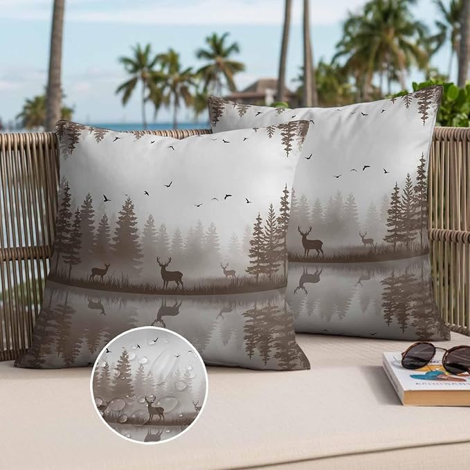 Yukro Brown Nature Landscape Outdoor Waterproof Pillow Covers Pack of 2, Deer Misty Lake Foggy Forest Birds Throw Pillowcases Decorative Cushion Covers for Garden Patio Tent Sofa Couch, 20x20 inch