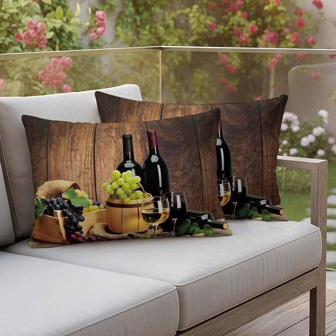 Lumbar Pillow Covers 12 x 20 Inches, Red Wines Waterproof Throw Pillow Cover Set of 2, Champagne Grapes Galsses Country Wooden Plank Decorative Rectangle Cushion Covers for Patio/Couch/Garden