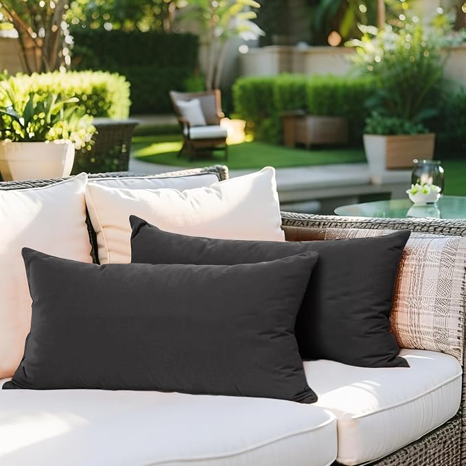 SK Studio Outdoor Water Resistant Throw Pillows, Decorative Patio Lumbar Cushions, Fluffy Furniture Garden Cushions for Home Patio Coach Sofa Use, Pack of 2, Dark Grey, 12x20 Inch