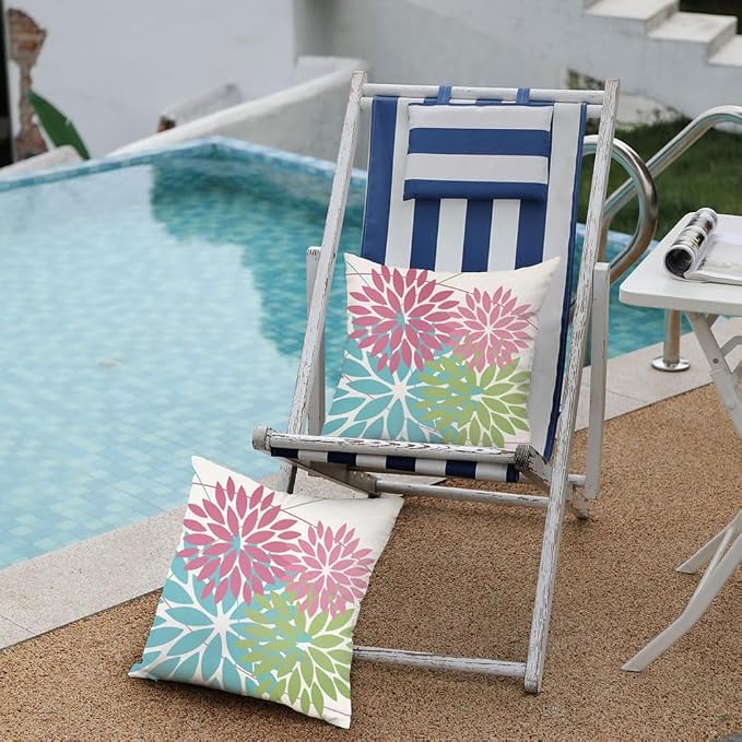 DFXSZ Pack of 2 Outdoor Waterproof Throw Pillow Covers 16x16 Pink Blue | Polyester Colorful Spring Summer Floral Decorative Cushion Cases(NO INSERT),For Couch Patio Funiture Garden Home Decor