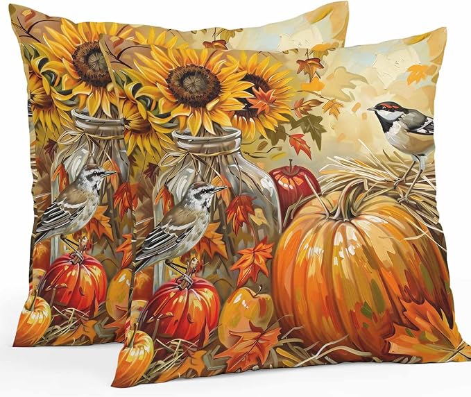 Fall Pumpkins Outdoor Pillow Covers 24x24 Inch Throw Pillow Covers Set of 2 Waterproof Decorative Pillow Cases Sunflowers Birds Thanksgiving Oil Painting Cushion Covers for Patio Furniture Garden