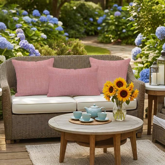 Outdoor Waterproof Throw Pillow Covers Set of 2 Peach Pink Linen Pillowcases 24x24 Inches Farmhouse Pure Color Decorative Pillows Cushion Case Patio Pillows for Couch Bed Chair Garden
