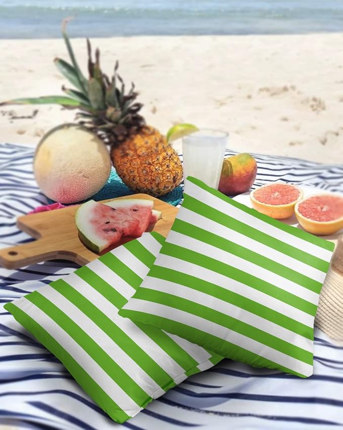 Outdoor Waterproof Pillow Covers for Patio Furniture Green and White Stripes Decorative Throw Pillow Cover Solid Striped Pillowcases Set of 2 Cushion Case for Sofa Couch Chair 16 x 16 in