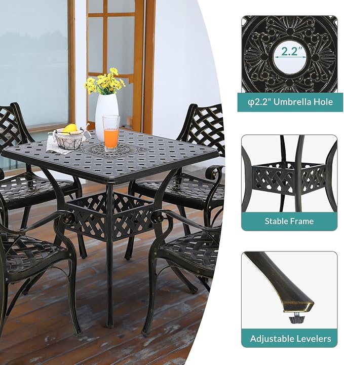 MEETWARM 30.5" Square Patio Dinning Table, Outdoor Cast Aluminum Dinning Table with 2.2" Umbrella Hole, Dark Bronze