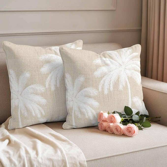 Outdoor Pillow Covers 16x16 Inch Set of 2, Beige Palm Trees Waterproof Throw Pillow Covers, Farmhouse Tropical Summer Beach Decorative Cushion Pillowcases for Couch, Sofa, Bed, Garden, Patio