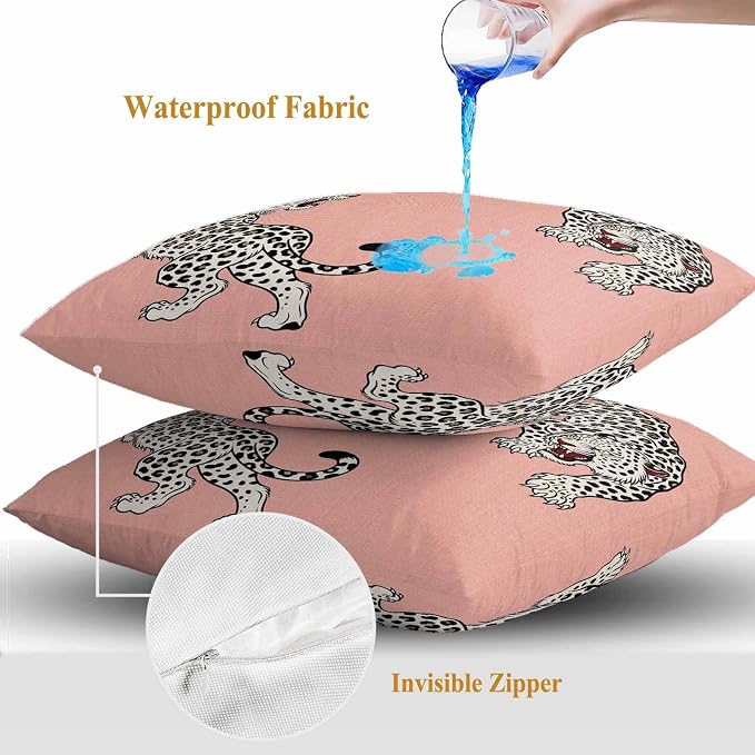 Yukro Pink Leopard Outdoor Waterproof Pillow Covers Pack of 2, Modern Style Wild Animal Rustic Linen Texture Throw Pillowcases Decorative Cushion Covers for Garden Patio Tent Sofa Couch, 18x18 inch