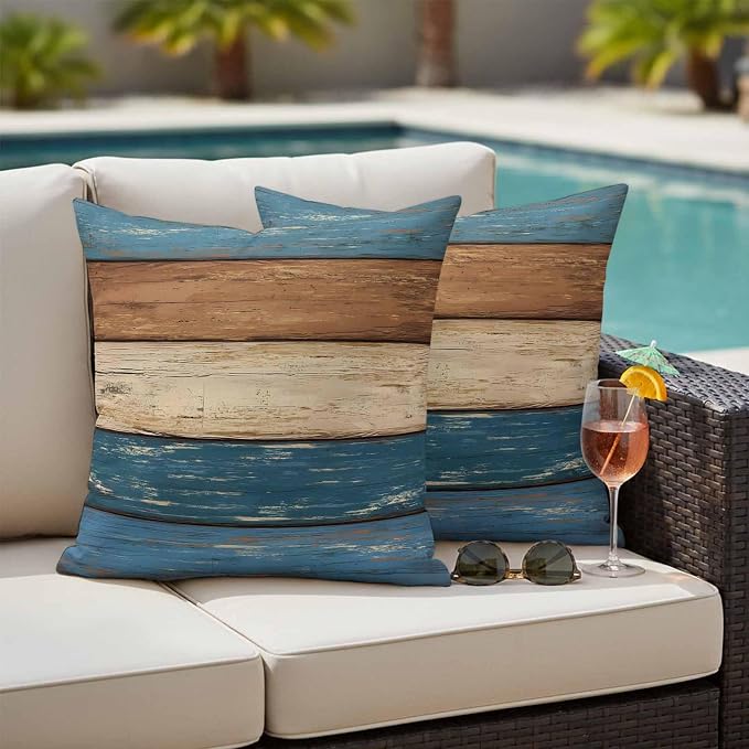 Farmhouse Navy Blue Brown Outdoor Waterproof Pillow Covers, Vintage Wooden Striped Decorative Square Throw Pillowcase Sofa Cushion Sham for Patio/Couch/Chair, 24"x24" 2 Pack