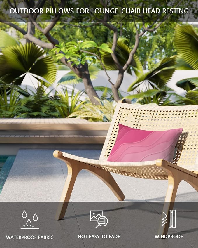 Geometric Ombre Chaise Lounge Pillows Outdoor, Aesthetic Pink White Gradient Abstract Head Pillows, Modern Waterproof Patio Furniture Lumbar Pillows with Adjustable Elastic Strap for Recliner Beach