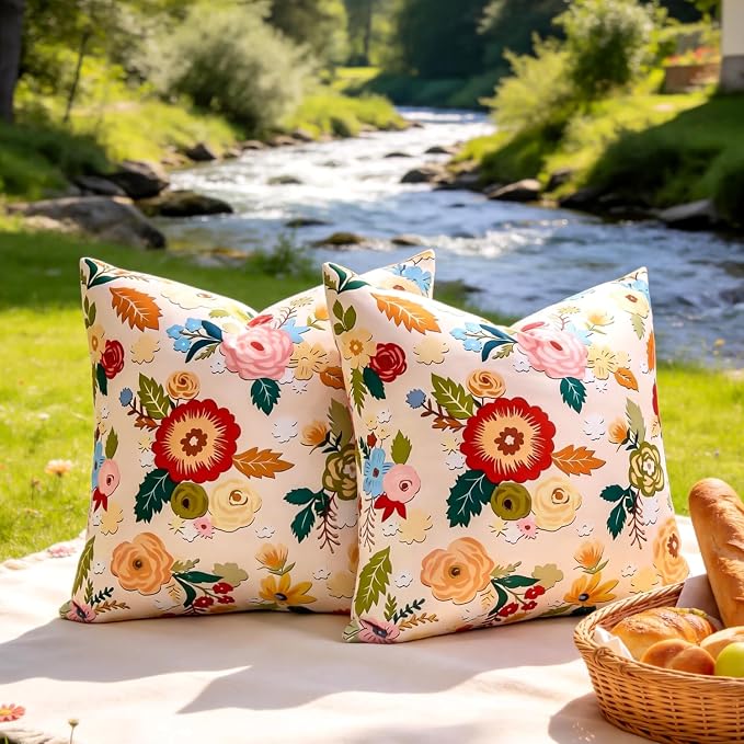 Waterproof Throw Pillow Covers Outdoor Beige Decorative Pillow Covers Summer Floral Accent Square Couch Covers Garden Farmhouse Cushion Cases 16x16 Inch Set of 2 for Patio Tent Balcony Furniture Sofa