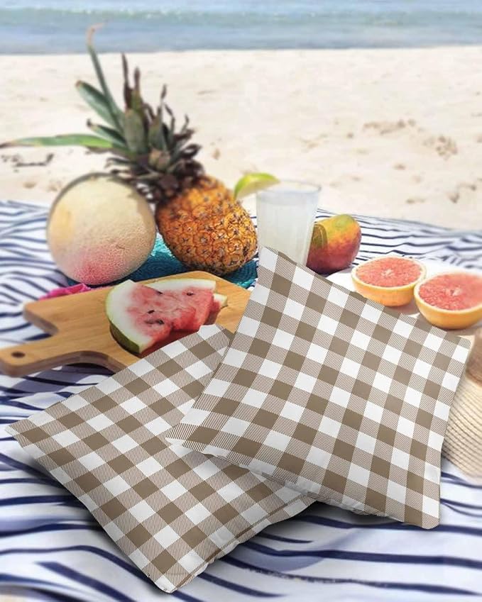 Outdoor Waterproof Throw Pillow Covers Set of 2 Light Brown Buffalo Check Plaid Pillowcases 24x24 Inches Farmhouse Style Patio Decorative Pillows Cushion Case Patio Pillows for Couch Bed Chair Garden