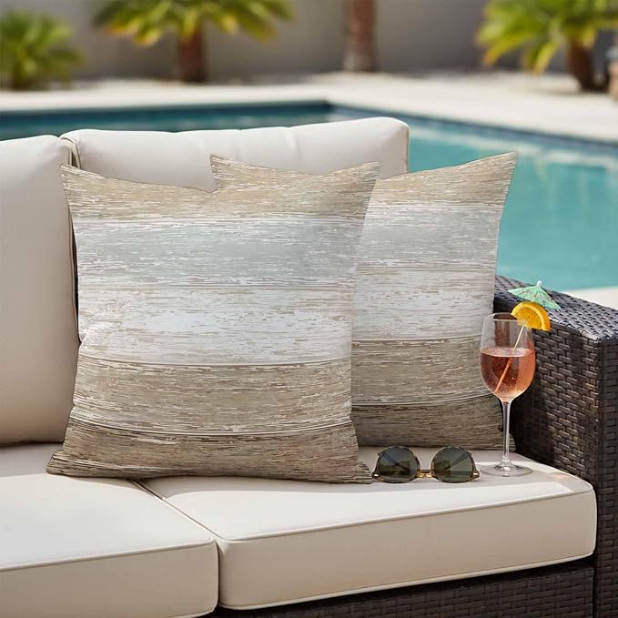 Outdoor Waterproof Throw Pillow Covers, Vintage Brown Grey Decorative Pillow Cases, Farmhouse Barn Wooden Striped Couch Pillow Protector Patio Sofa Cushion Covers Replacement 16"x16" 2 Pack