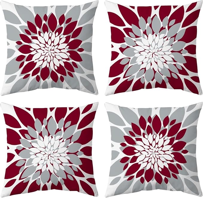 Pack of 4 Outdoor Waterproof Pillow Covers 18x18 Decorative Outdoor Throw Pillows Garden Square Cushion Cases for Patio Furniture, Couch, Tent Sunbrella, Bench, Burgundy Red Grey