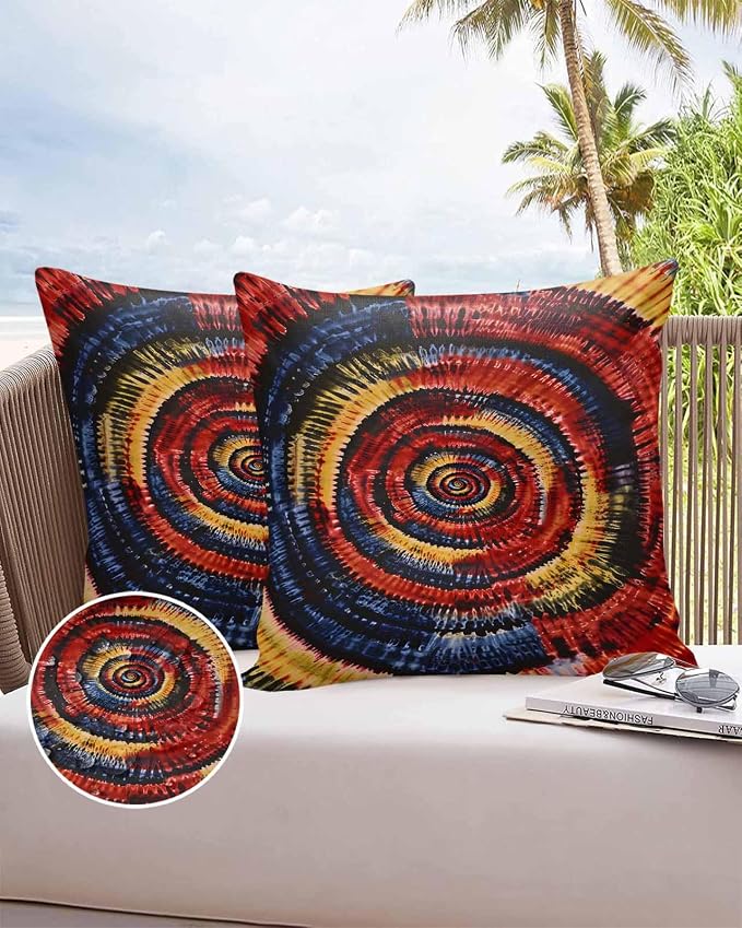 Vandarllin Outdoor Throw Pillows Covers 20x20 inch Set of 2 Waterproof Yellow Black Tie-Dye Art Decorative Zippered Cushion Covers for Patio Furniture, Abstract Boho Tribe Lumbar Pillowcases