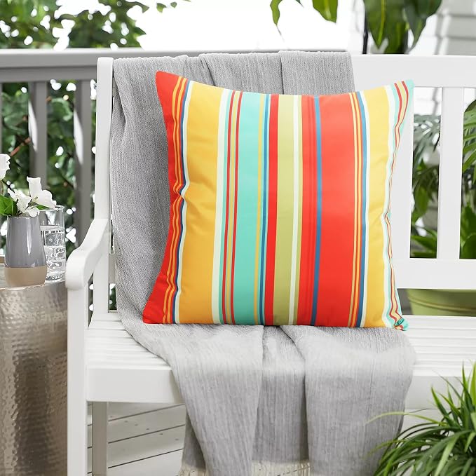 Pyonic Outdoor Pillow Covers 16x16 Inch Waterproof Decorative Stripe Throw Pillow Covers for Couch Chair Patio Porch, Pack of 2(Colorful Red)