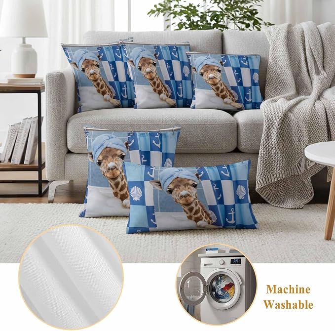 Bathing Giraffe Waterproof Outdoor Pillow Covers Set of 2 Home Decor, Funny Animal Showering Lumbar Pillowcase Patio Pillow Covers for Couch Bench Patio Furniture Garden 20x20in