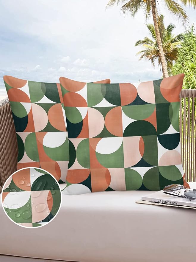 Vandarllin Outdoor Throw Pillows Covers 24x24 inch Set of 2 Waterproof Mid Century Geometric Decorative Zippered Cushion Covers for Patio Furniture, Abstract Modern Green Orange Lumbar Pillowcases
