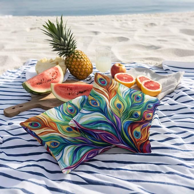 Colorful Peacock Feathers Outdoor Pillow Covers 24x24 Inch Throw Pillow Covers Set of 2 Waterproof Decorative Pillow Cases Oil Painting Abstract Art Cushion Covers for Patio Furniture Garden Couch