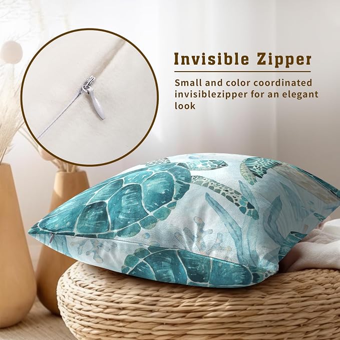 Coastal Ocean Throw Pillow Cover 22x22 inch,2 Pcs Blue Sea Turtle Seahorse Animal Nautical Themed Decorative Pillow Cases Linen Square Cushion Covers for Couch Sofa Home Decor