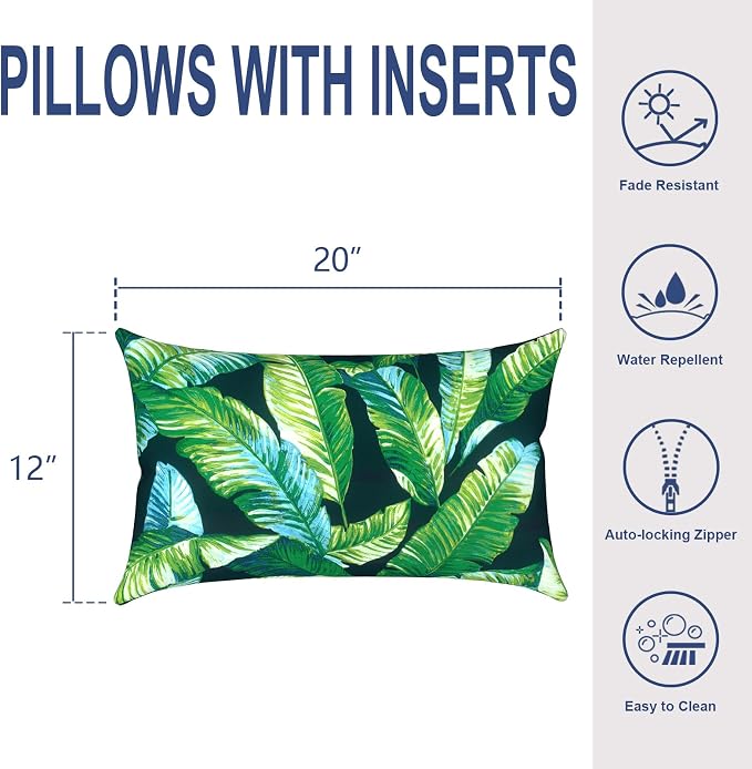 Outdoor Lumbar Pillows, Water Repellent Cushion Pillows 12x20 Inch, Outdoor Pillows with Inserts for Home Garden, Pack of 2, Hanalei Lagoon