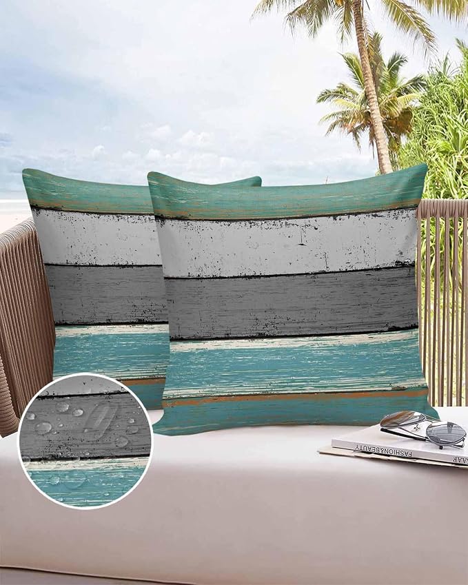 Outdoor Throw Pillow Covers 16X16 Set of 2 Waterproof Teal Green Gray Sea Decorative Zippered Cushion Covers for Patio Furniture, Farmhouse Retro Rustic Barn Wood Texture Lumbar Pillowcases