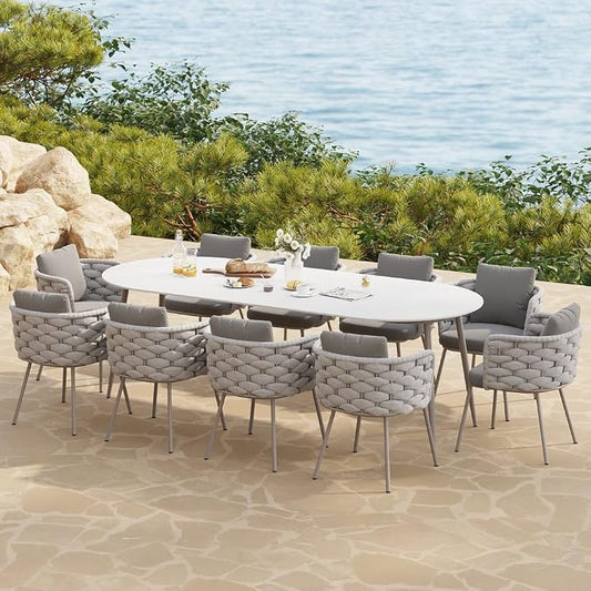11-Piece Outdoor Dining Set - 94.5'' Sintered Stone Top Dining Table with 10 Rope Woven Armchairs, Aluminum Frame, Cushions for Patio, Garden, and Outdoor Dining