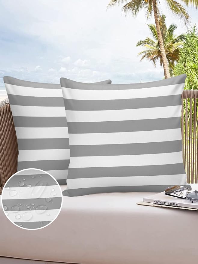 Outdoor Pillows 20x20 Waterproof Outdoor Pillow Covers Gray White Stripes Polyester Throw Pillow Covers Garden Cushion Decorative Case for Patio Couch Decoration Set of 2 Geometric