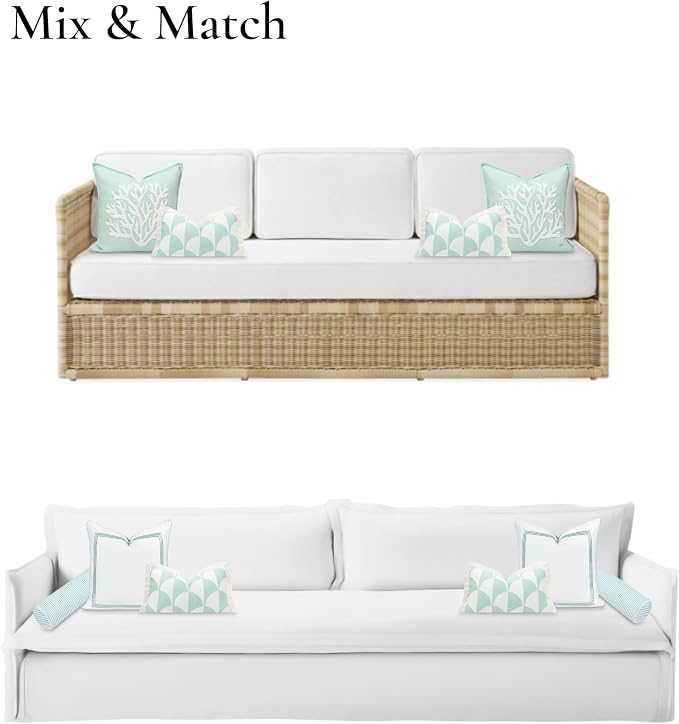 Hofdeco Premium Fall Coastal Patio Indoor Outdoor Lumbar Pillow Cover Only, 12"x20" Water Repellent for Backyard, Couch, Muted Aqua Scale Motif Fringe