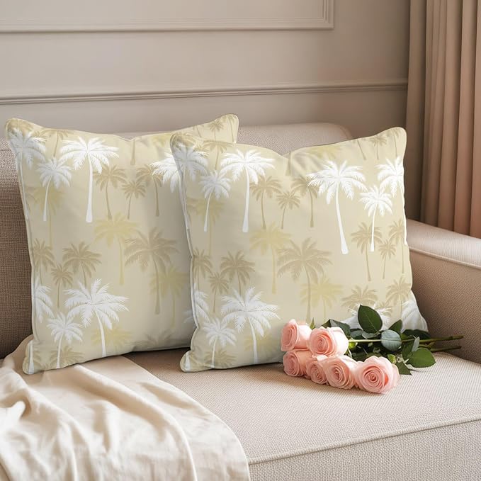 Throw Pillow Covers 26x26 Inch Set of 2, Tropical Palm Tree Waterproof Outdoor Pillow Covers, Beige White Plants Coastal Leaf Beach Decorative Cushion Pillowcases for Couch, Sofa, Bed, Garden, Patio