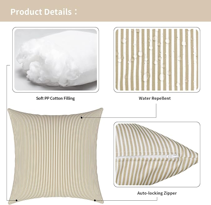 Outdoor Pillows for Patio Furniture 18x18 inch, Square Outdoor Throw Pillows with Inserts, Decorative Toss Pillows for Garden Couch Home Sofa Office Chair, Pack of 2, Stripe Beige