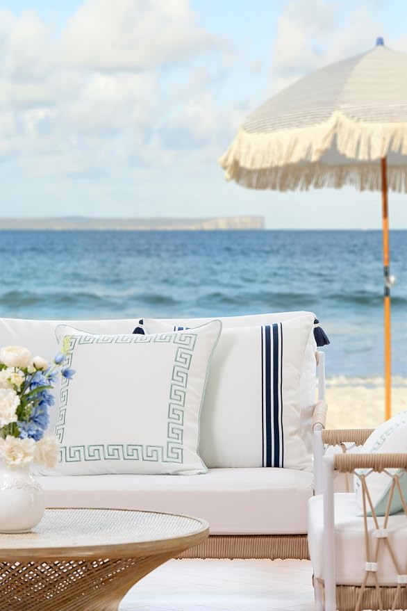 Hofdeco Premium Coastal Patio Indoor Outdoor Throw Pillow Cover Only, 20"x20" Water Repellent for Backyard, Couch, Aqua Embroidered Greek Key with Piping
